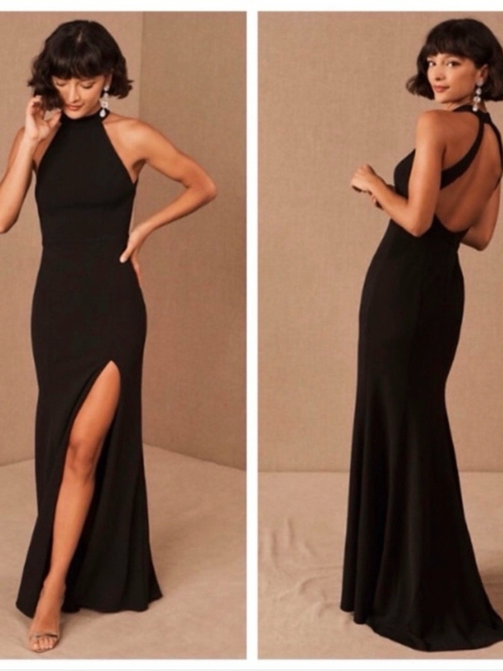 BHLDN Black Backless Halter Gown with Thigh Slit